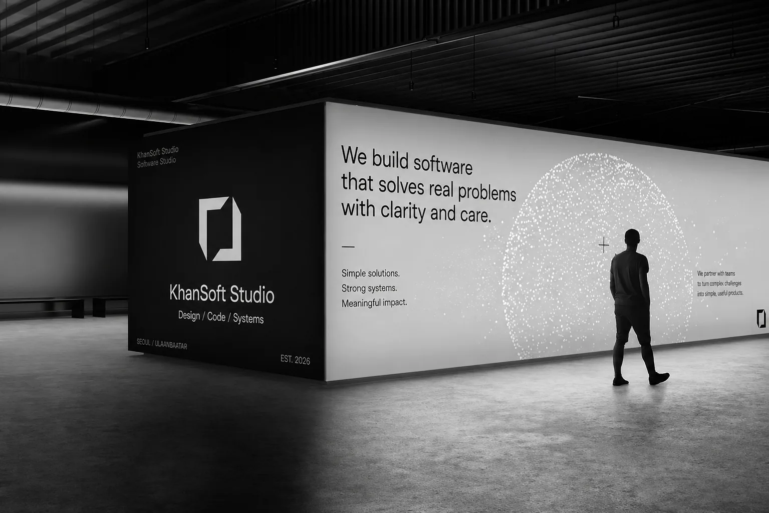 Abstract black and white digital installation with the words clarity in motion