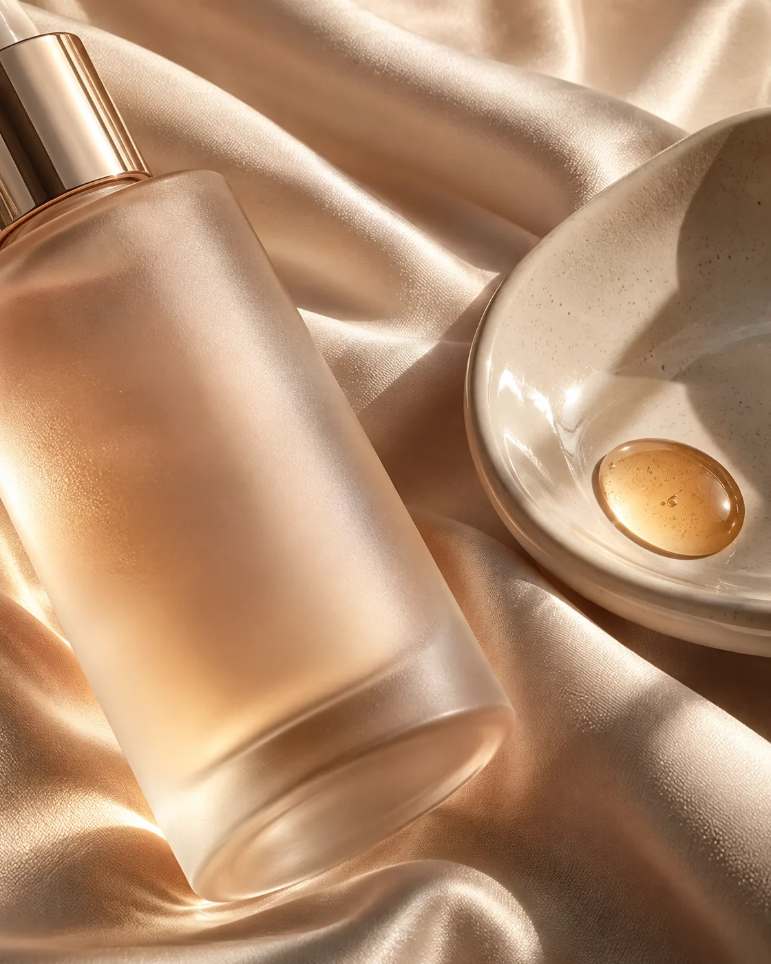 Miseel Beauty-ийн AI концепц зураг: торгон даавуун дээрх арьс арчилгааны шилэн сав, серум