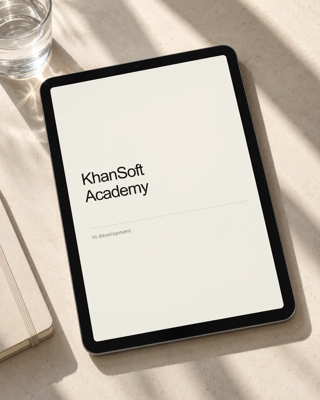 KhanSoft Academy-ийн хөгжүүлэлтийн үеийн cover бүхий таблетын AI mockup