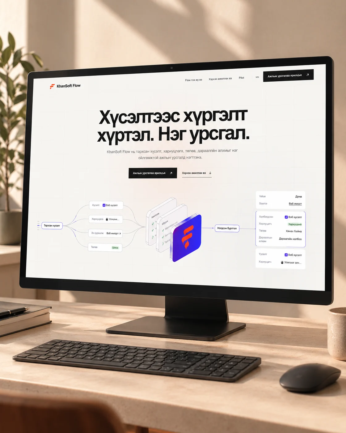 KhanSoft Flow-ийн нүүрийг харуулсан мониторын AI mockup
